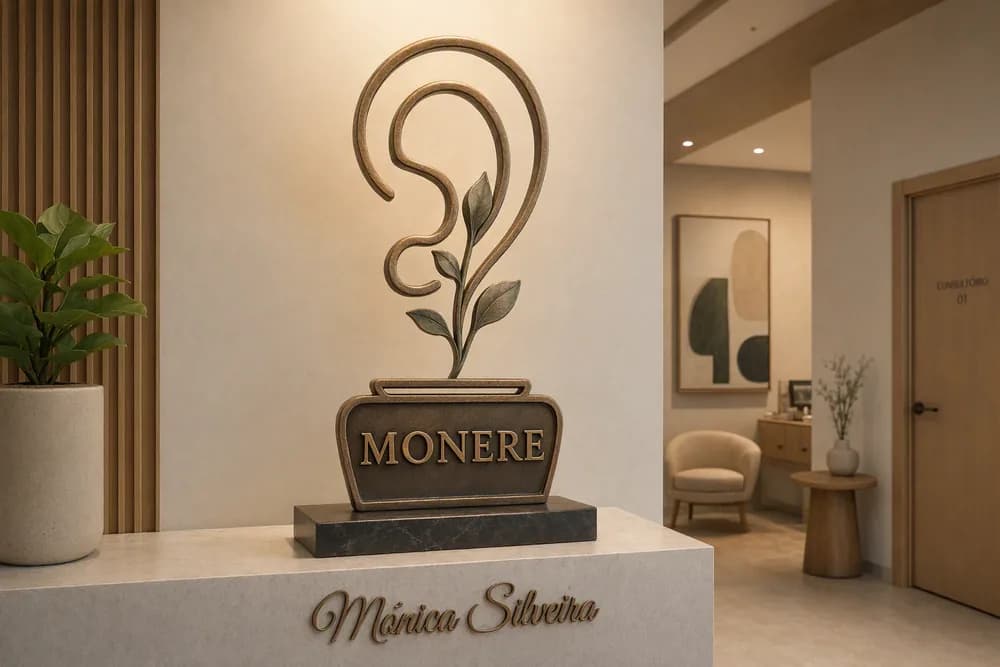 Escultura artesanal en madera del isotipo de Monere sobre atril