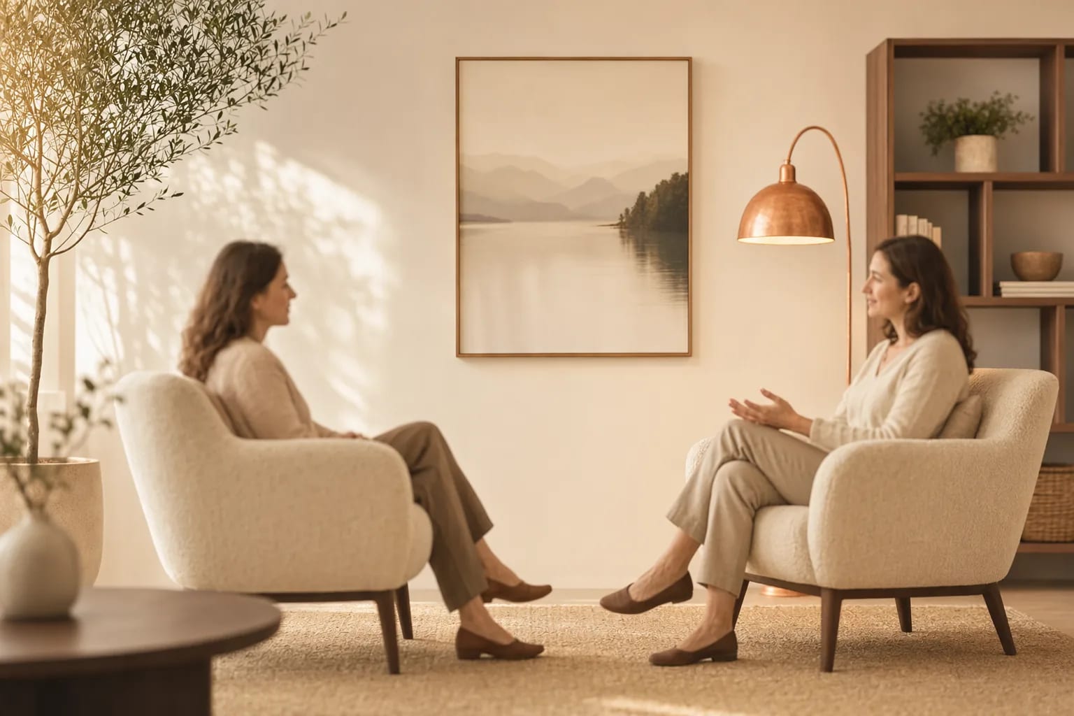 Espacio de counseling cálido y seguro con dos sillones, mesa baja y lámpara de pie